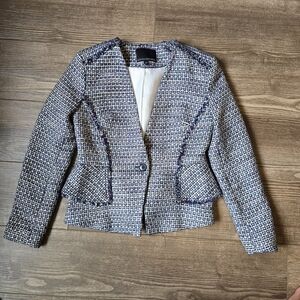 BANANA REPUBLIC Blazer Womens 00 Navy White Tweed Peplum Jacket Preppy Chic